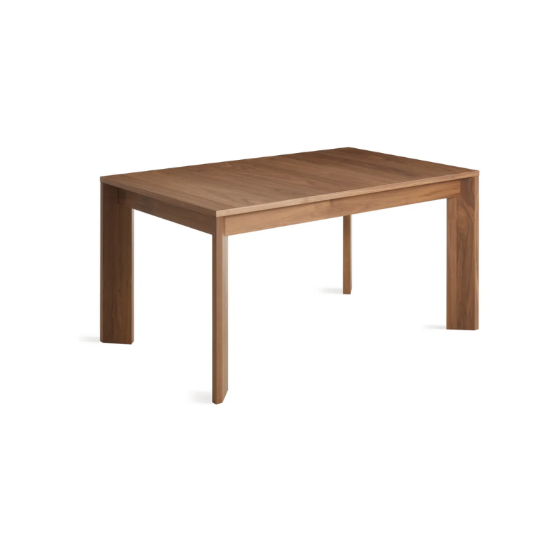 The 60 to 84 inch Moreover Extension Dining Table from Blu Dot in walnut from a top angle.