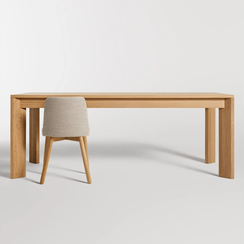 The 80 to 104 inch Moreover Extension Dining Table from Blu Dot in white oak in a studio.