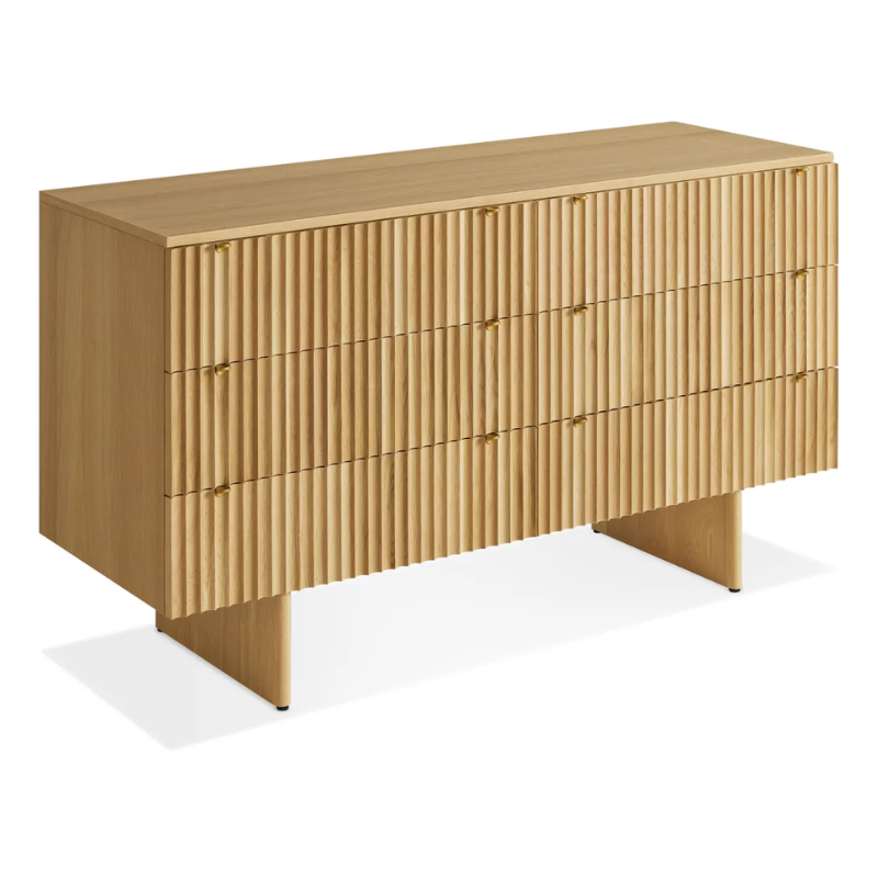 The Murmur 6 Drawer Dresser from Blu Dot in white oak from a high angle.