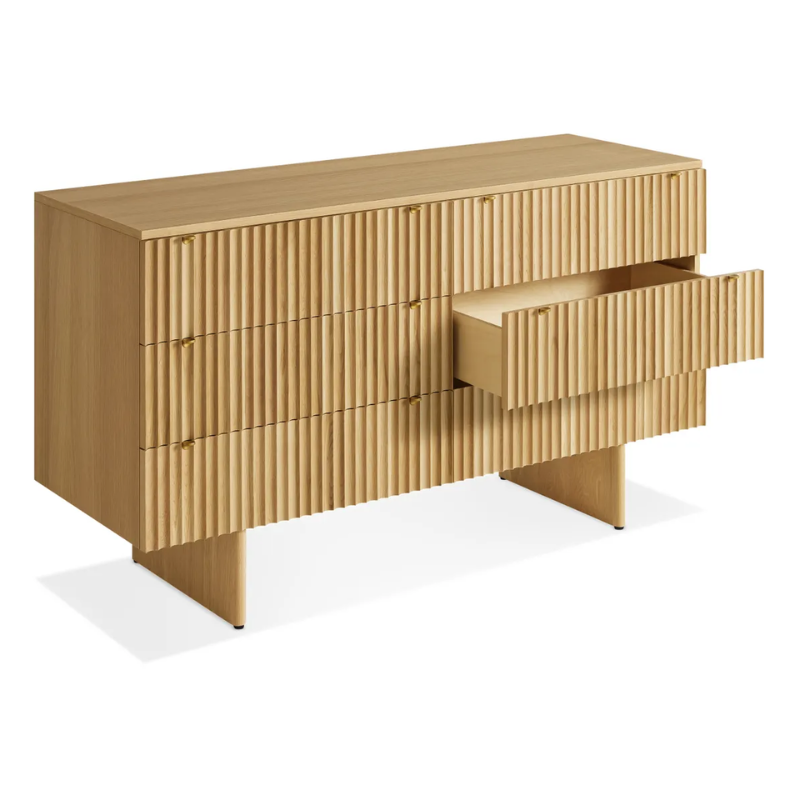 The Murmur 6 Drawer Dresser from Blu Dot in white oak with an open drawer from a high angle.