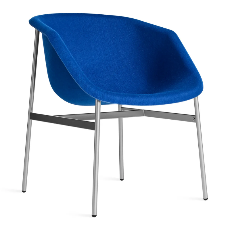 The Past Life Chair from Blu Dot with cobalt seat and silver base from an angle.