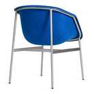 The Past Life Chair from Blu Dot with cobalt seat and silver base from the back at an angle.