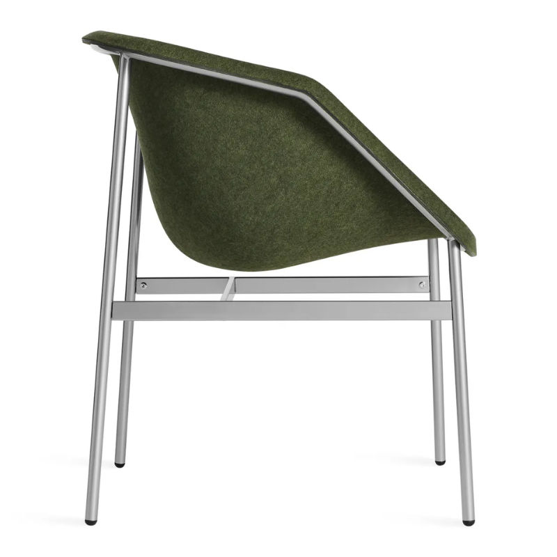 The Past Life Chair from Blu Dot with olive seat and silver base from the side.