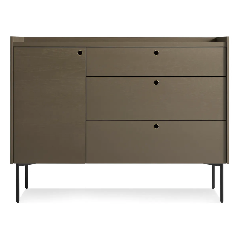 The Peek 1 Door / 3 Drawer Credenza from Blu Dot in dark olive.