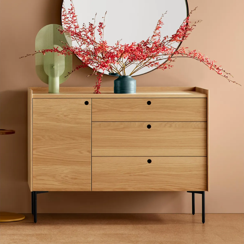 The Peek 1 Door / 3 Drawer Credenza from Blu Dot in a living room.