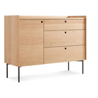 The Peek 1 Door / 3 Drawer Credenza from Blu Dot in white oak from an angle.