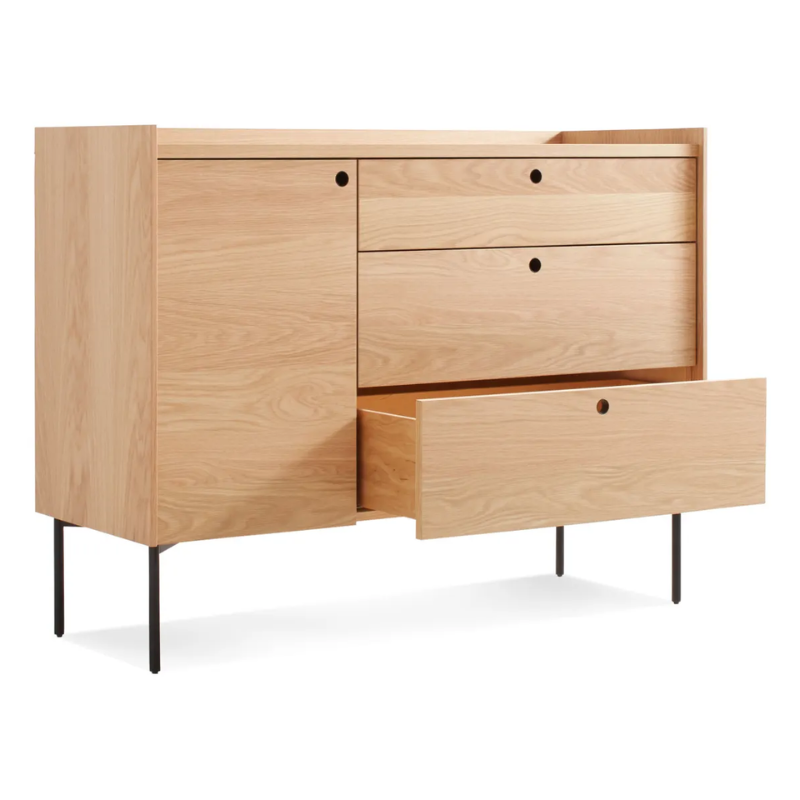 The Peek 1 Door / 3 Drawer Credenza from Blu Dot in white oak with an open cabinet.