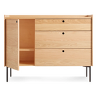 The Peek 1 Door / 3 Drawer Credenza from Blu Dot in white oak with an open door.