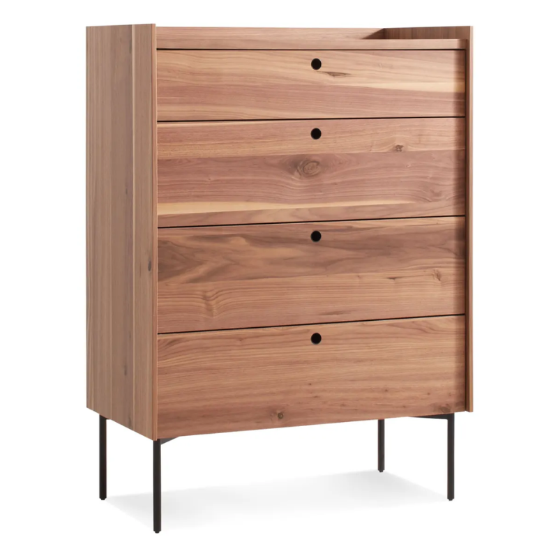 The Peek 4 Drawer Dresser from Blu Dot in rustic walnut from an angle.