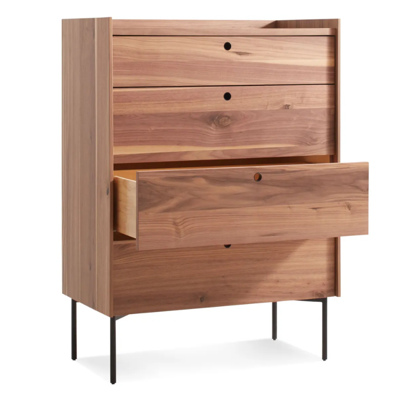 The Peek 4 Drawer Dresser from Blu Dot in rustic walnut with an open drawer.