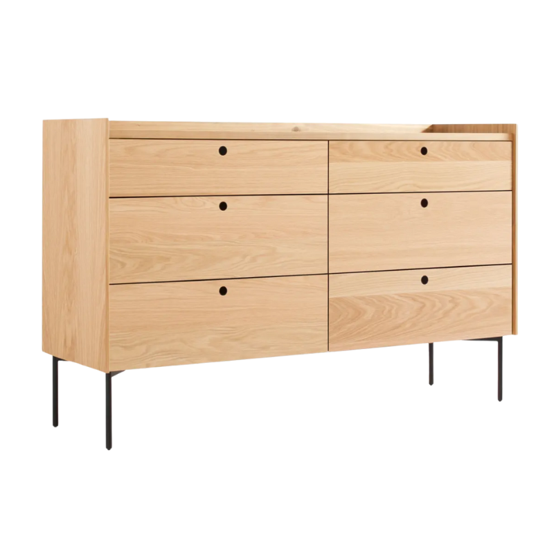 The Peek 6 Drawer Dresser from Blu Dot in white oak from an angle.