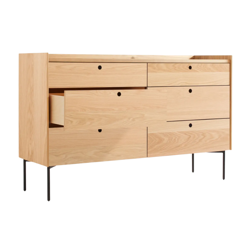 The Peek 6 Drawer Dresser from Blu Dot in white oak with an open drawer.