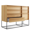 The Rule Large Dresser from Blu Dot in white oak with an open drawer.