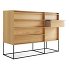 The Rule Large Dresser from Blu Dot in white oak with an open small drawer.