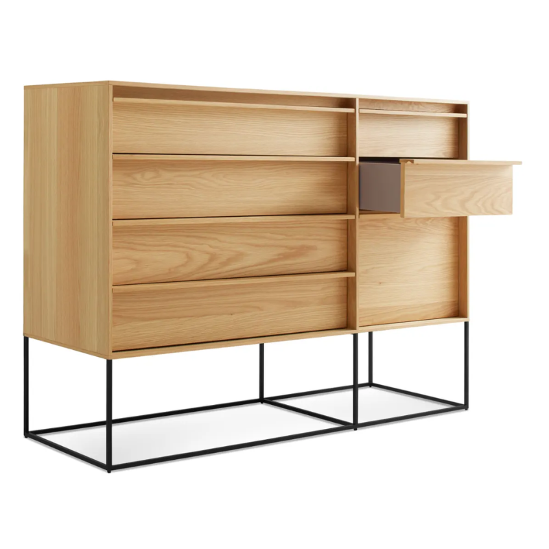 The Rule Large Dresser from Blu Dot in white oak with an open small drawer.