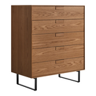 The Series 11 5 Drawer Dresser from Blu Dot in walnut with oblivion legs from an angle.