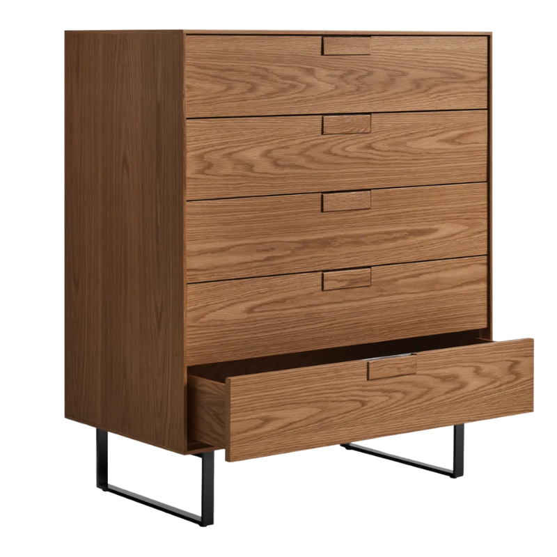 The Series 11 5 Drawer Dresser from Blu Dot in walnut with oblivion legs with an open drawer.