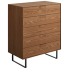 The Series 11 5 Drawer Dresser from Blu Dot in walnut with oblivion legs from the top at an angle.