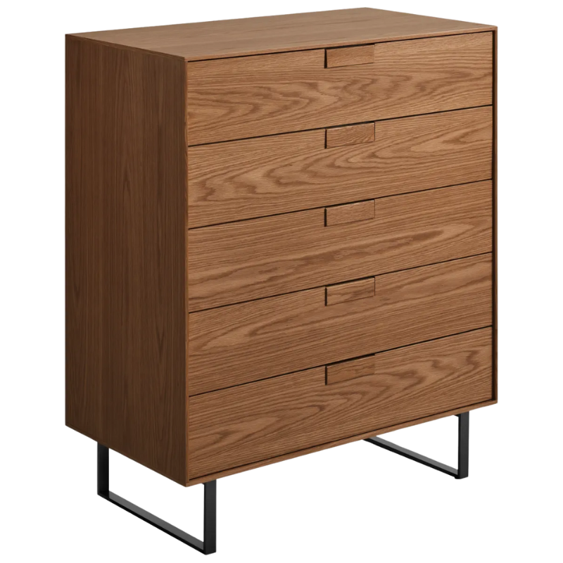 The Series 11 5 Drawer Dresser from Blu Dot in walnut with oblivion legs from the top at an angle.