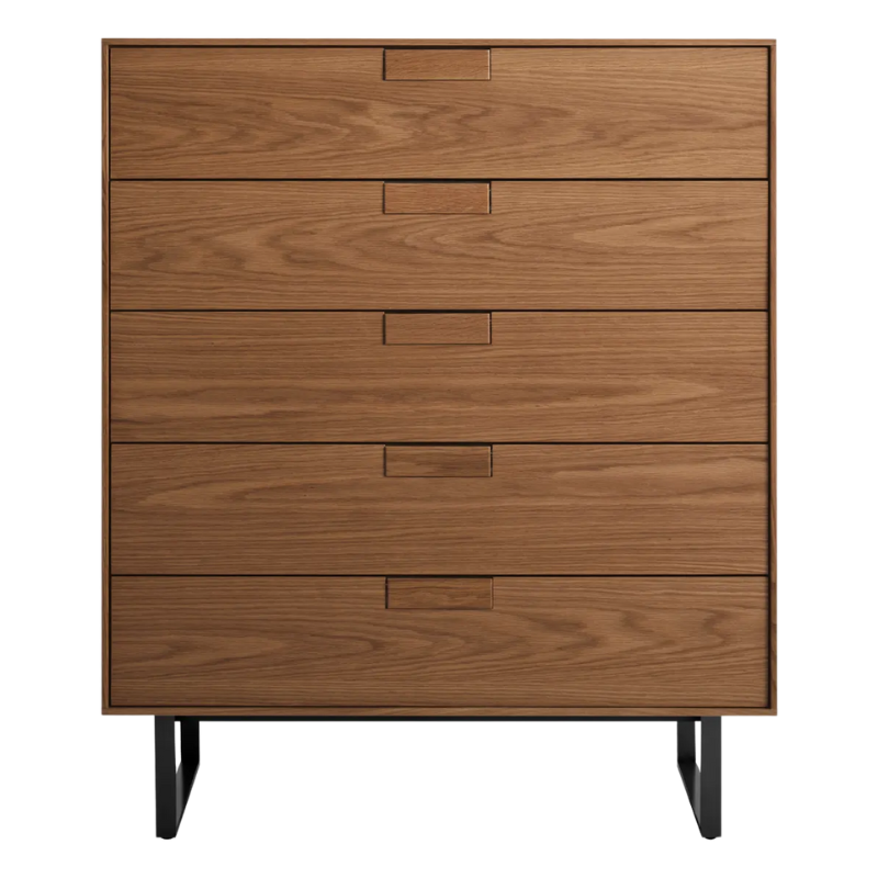 The Series 11 5 Drawer Dresser from Blu Dot in walnut with oblivion legs.