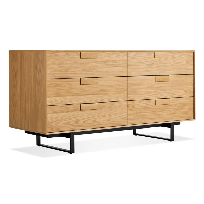 The Series 11 6 Drawer Dresser from Blu Dot in white oak with oblivion legs from an angle.