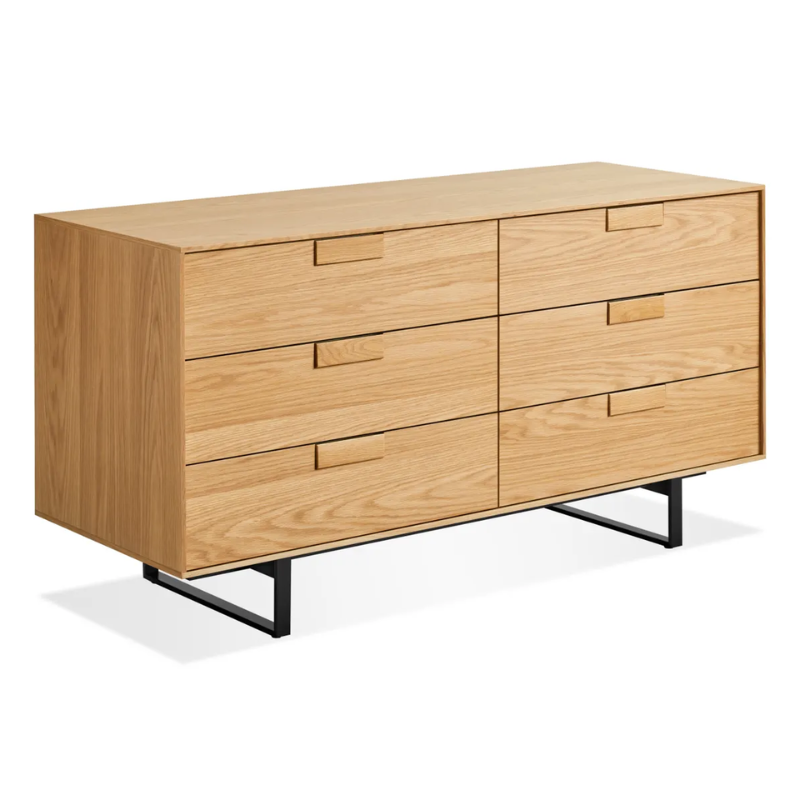 The Series 11 6 Drawer Dresser from Blu Dot in white oak with oblivion legs from a high angle.