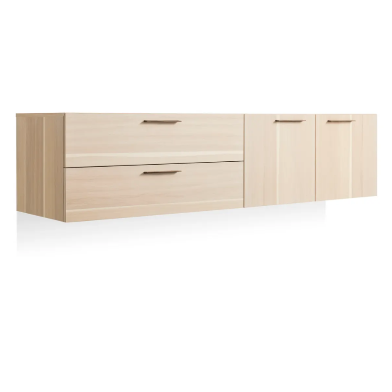 The Shale 2 Door / 2 Drawer Wall-Mounted Cabinet from Blu Dot in hickory from an angle.