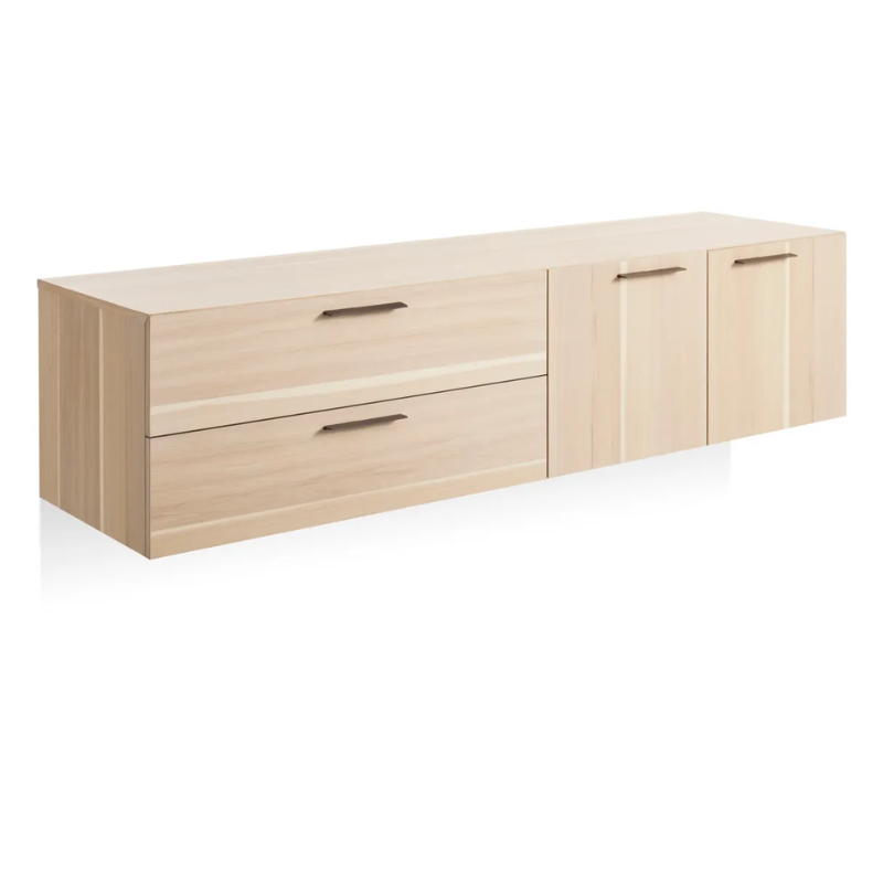 The Shale 2 Door / 2 Drawer Wall-Mounted Cabinet from Blu Dot in hickory from a high angle.