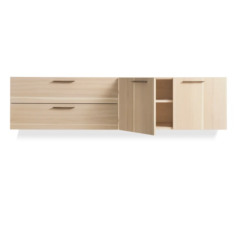 The Shale 2 Door / 2 Drawer Wall-Mounted Cabinet from Blu Dot in hickory with two open doors.