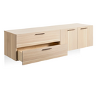 The Shale 2 Door / 2 Drawer Wall-Mounted Cabinet from Blu Dot in hickory with an open drawer from a high angle.