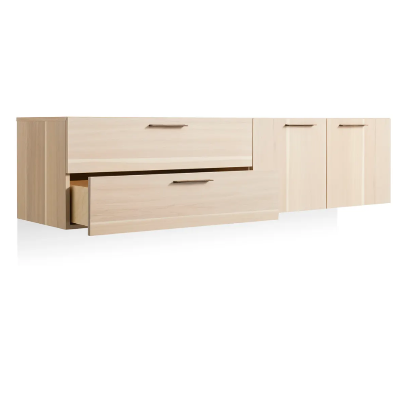 The Shale 2 Door / 2 Drawer Wall-Mounted Cabinet from Blu Dot in hickory with an open drawer.