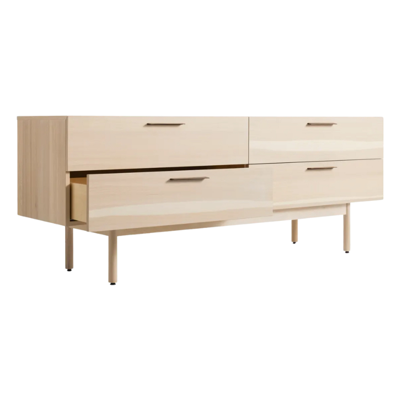 The Shale 4 Drawer Dresser from Blu Dot in hickory with an open drawer.