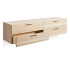 The Shale 4 Drawer Wall-Mounted Cabinet from Blu Dot in hickory with an open drawer from a high angle.