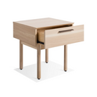 The Shale Nightstand from Blu Dot in hickory from a top angle with an open drawer.