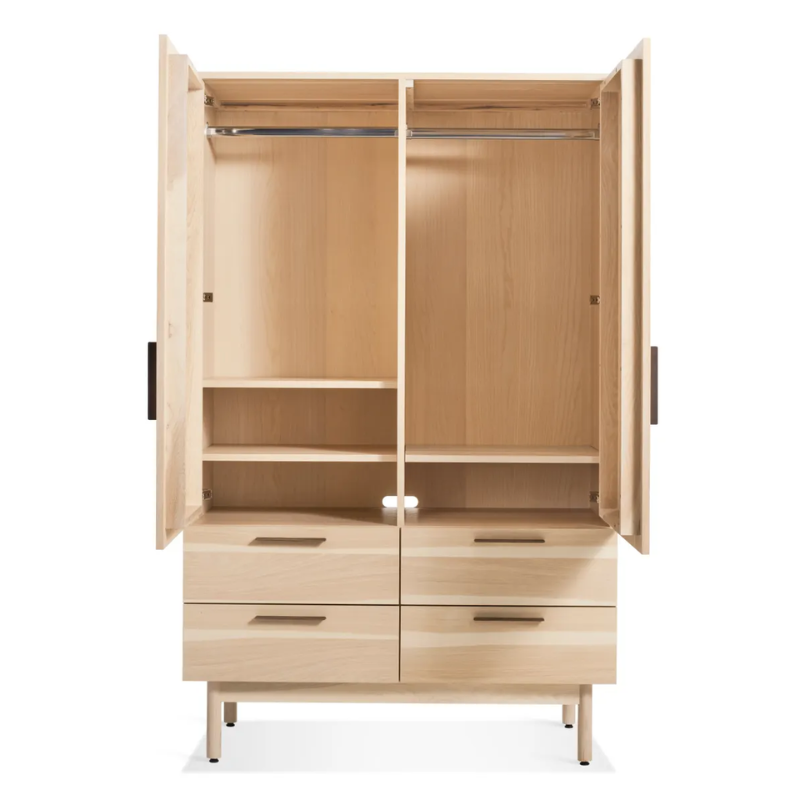 The Shale Wardrobe from Blu Dot in hickory with two open doors.