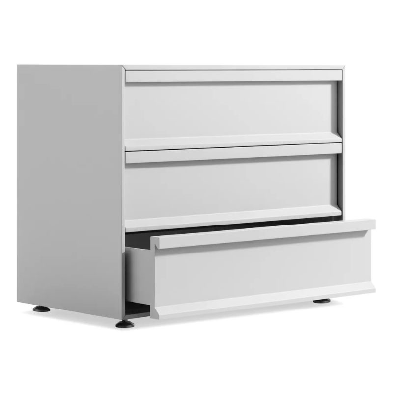 The Superchoice 3 Drawer Dresser from Blu Dot in white from an angle with an open drawer.