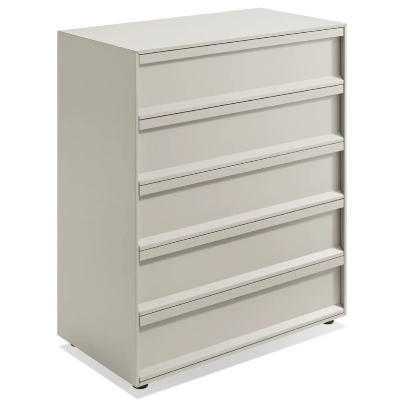 The Superchoice 5 Drawer Dresser from Blu Dot in putty from a high angle.