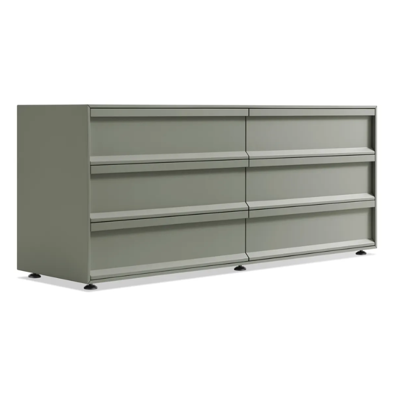 The Superchoice 6 Drawer Dresser from Blu Dot in grey green from an angle.