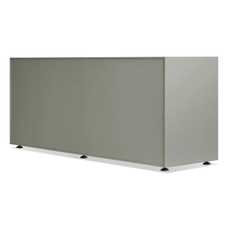 The Superchoice 6 Drawer Dresser from Blu Dot in grey green from the back at an angle.