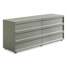 The Superchoice 6 Drawer Dresser from Blu Dot in grey green from a high angle.