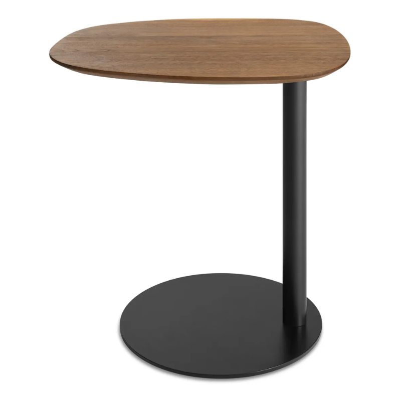 The Swole Wood Small Table from Blu Dot with a walnut top and black base from an angle.