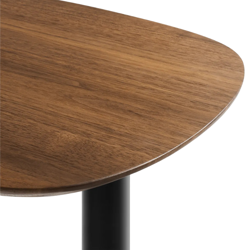 The Swole Wood Small Table from Blu Dot with a walnut top and black base close up.