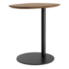 The Swole Wood Small Table from Blu Dot with a walnut top and black base from a side view.