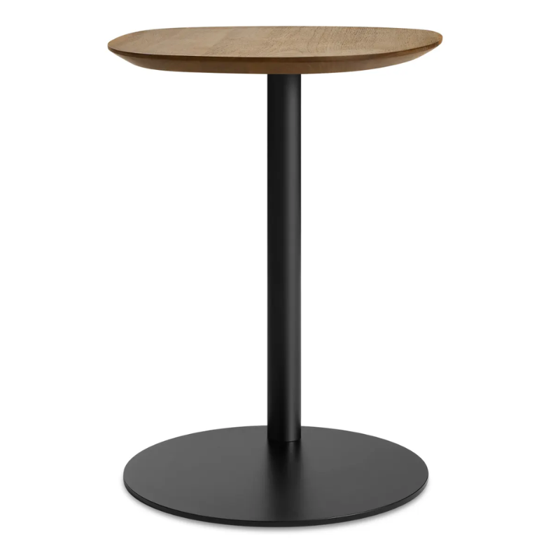 The Swole Wood Small Table from Blu Dot with a walnut top and black base from the side.