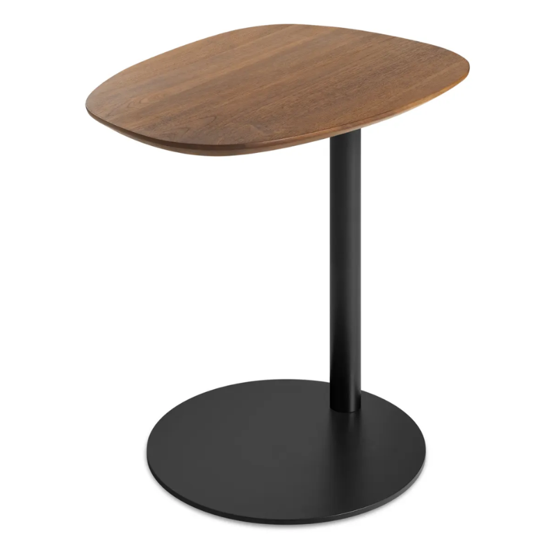 The Swole Wood Small Table from Blu Dot with a walnut top and black base from the top at an angle.