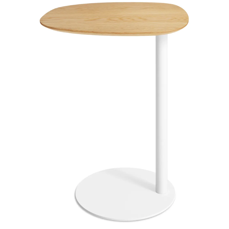 The Swole Wood Tall Table from Blu Dot with a white oak top and white base from an angle.