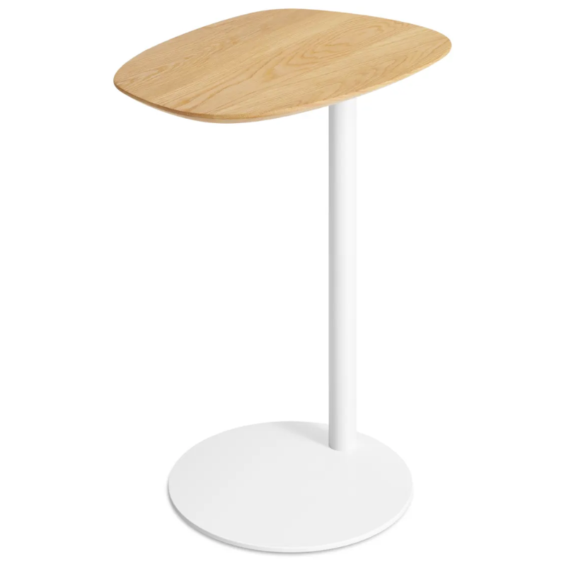 The Swole Wood Tall Table from Blu Dot with a white oak top and white base from the top at an angle.