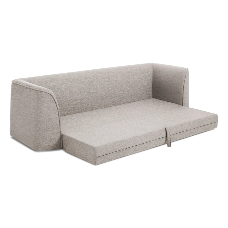 The Thataway 102" Sleeper Sofa from Blu Dot in tait charcoal from a high angle extended as a bed.