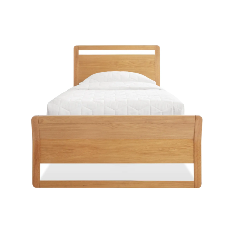 The twin-size Woodrow Bed from Blu Dot made with white oak from the foot of the bed.