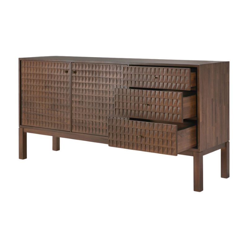 The Sono Sideboard from Ethnicraft 68 inch size with three open drawers.